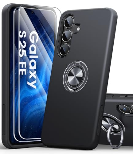 AOUIA for Samsung Galaxy S25 FE Case with 2-Pack Screen Protector, 3-in-1 Set Cover, 360°Rotating Ring Stand, Military Protection, Shockproof Phone Case for Samsung S25 FE, Black