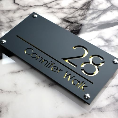 Targa con numero civico 3D in acrilico 3D per esterni, personalizzabile, nero, bianco e grigio, personalizzabile (grigio + oro)