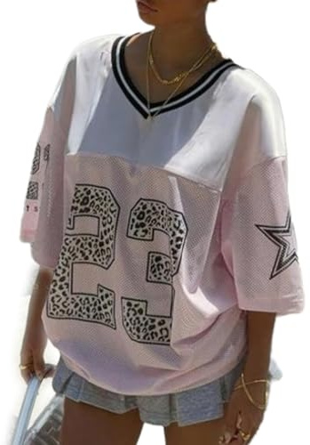 Letter Printed Jersey T-Shirtfor Women Loose Oversized V Neck Mesh Short Sleeve Top Number Graphic Y2k Sport Tees for Party Casual (A-01, M)