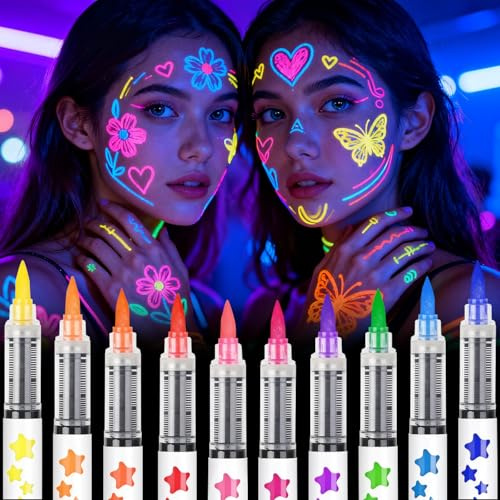 UV Face Paint Markers Body Painting Kits Glow Under Black Light, Temporary Tattoo Pens for Glow Party Festival Accessories,paint a Halloween mask with a paint brush