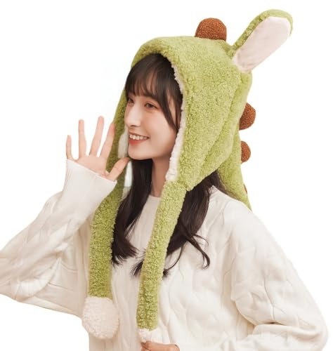 XINGYAOGJ Animal Plush Hat with Moving Ear Winter Cute Furry Dinosaur Hat Adult Warm Soft Plush Cartoon Jumping Ears Cap Gift for Halloween Christmas Cosplay Party Headwear