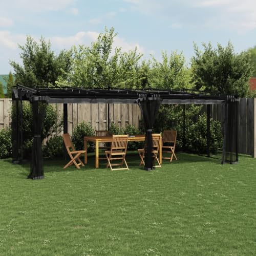Mokuyary paviljong med nätväggar antracit 6 x 3 m stål, paviljong, trädgårdstält, festtält, trädgårdspaviljong för trädgård, fest, festival, bröllop