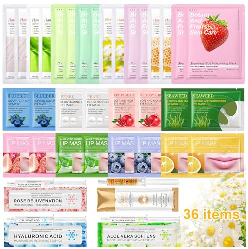 36PC Mascarillas Faciales Mujer, Set de Regalo para Hija, Amigas, Madre | Kit Belleza Cuidado Facial :16 Mascarilla Facial, 8 Parches Ojos, 8 Mascarilla Labios, 4 Suero | Apto para Todo Tipo de Pieles