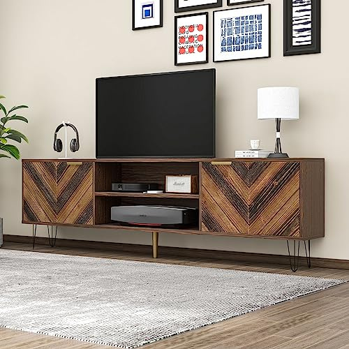 Mueble De TV Con Tablero De Partículas,Dos Puertas Con Chapa De Madera Natural Y Compartimentos,TV Lowboard Con Tiradores Dorados Y Patas De Hierro,Mueble Televisión ,Madera Natural,155 x 38 x 48 cm