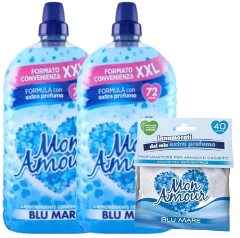 Mon Amour Ammorbidente Concentrato Blu Mare 72 Lavaggi x2 + Profuma Biancheria Omaggio – Extra Profumo, Lunga Durata, Per Lavatrice e Asciugatrice, Formato Convenienza