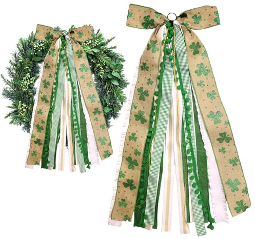 Large St. Patrick's Day Ribbon Bow for Wreath, Green White Buffalo Plaid Fabric Ribbons Set Assorted Lace Ribbon Glitter Shamrock Clip-On Wreath Ribbons Bundle for Irish Holiday Indoor Outdoor Decor