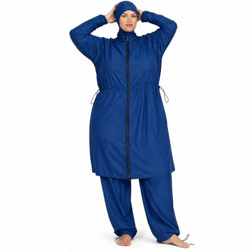Burkini Femme Grande Taille Modeste 4 Pièces Opaque–Maillot de Bain Long Couvrant avec Hijab de Bain,Tunique Zippée Manches (FR/ES, Alpha/Lettres, TG, Taille Normale, Taille Normale, Bleu Marine)