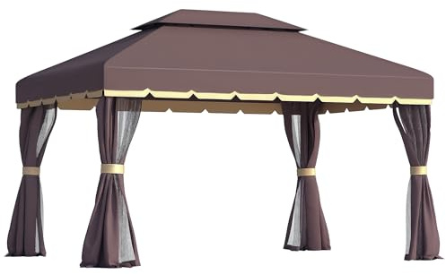 Outsunny Tonnelle de Jardin extérieur 4 x 3 m Barnum Double Toit Tente de réception avec parois et moustiquaires Marron
