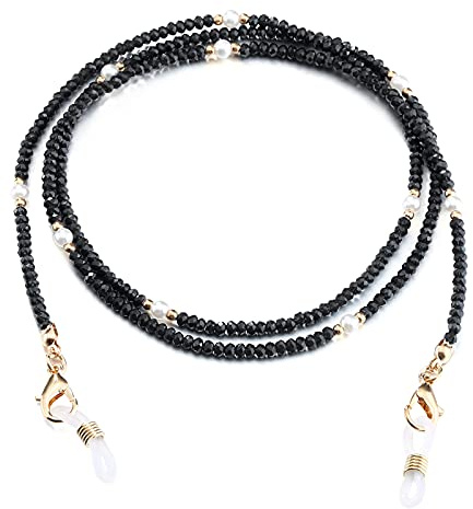 humlbird Mask Lanyard Eyeglasses Chain Healing Crystal Beaded Sunglasses Chains with Pearl for Women, Obsidian