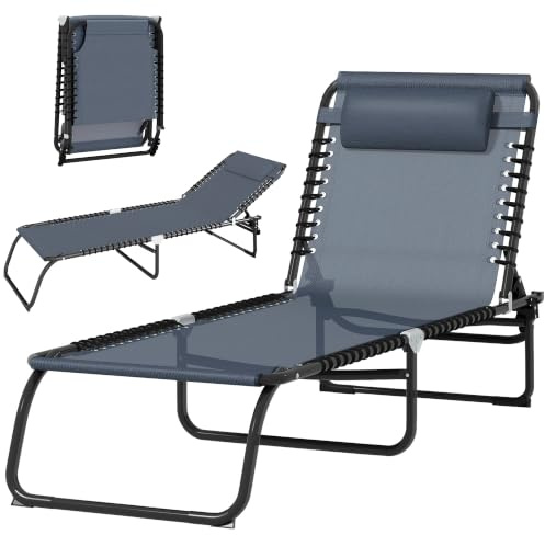 Outsunny Bain de Soleil Pliable Dossier Multi-Positions Gris | Inclinable, Chaise Longue, Transat Jardin Extérieur, Acier Thermoplastique, Lacets Élastiques, Textilène