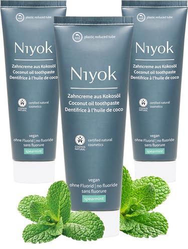 Niyok Zahncreme aus Bio Kokosöl Spearmint (3 x 75ml), Natürliche Zahnpasta für weiße Zähne, Intensive Pflege & Frische, Schützt das Zahnfleisch, Ohne Fluorid & Vegan