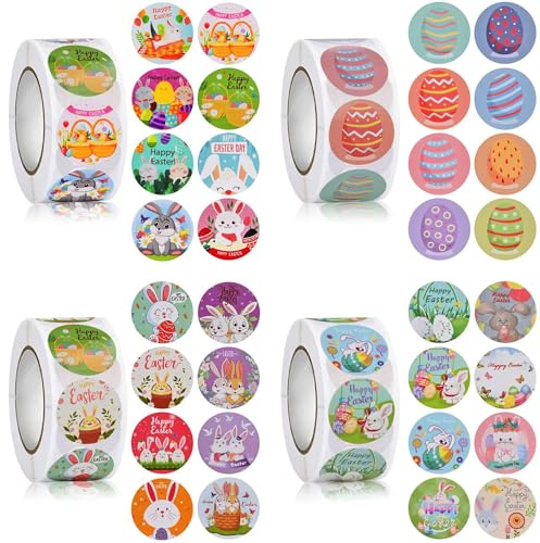 AhfuLife 4 Rotolo di Adesivi Pasquali, 2000 pcs Adesivi Pasquali per Bambini, con Uova di Coniglio, Etichette Autoadesive a Tema Pasquale, Biglietti Regalo per Bambini, Decorazioni di Buste Pasquali