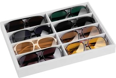 Frebeauty Sunglass Organiser,Velvet Glasses Organiser,8-Slot Sunglasses Tray for Drawer,Men's/Women's Sunglasses Box,Sunglass Holder,13.3 x 9.6 x 1.5 Inches,Eyeglass/Eyewear Display Tray(White)