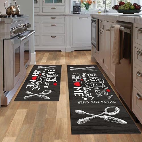 JWXCBIM Farmhouse Kitchen Rug 2 Piece Set, Black and White Rustic Vintage Style Theme Decor Kitchen Rugs, Absorbent Washable Non-Slip Floor Mats, Home Indoor Runner Carpet 17x30+17x47 Inches