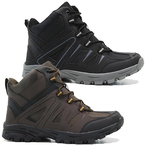 Mens Hiking Camping Boots - Casual Walking Trainers, Ankle | Sturdy Grip, & Long Lasting | Mountain, Winter Working | Wide Fit (Black Grey, UK Footwear Size System, Adult, Men, Numeric, Wide, 7)