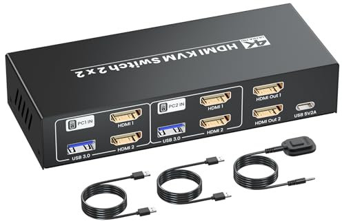 HDMI KVM Switch 2 Minitors 2 Computers, 4K@60Hz Dual Monitor HDMI KVM Switcher 2 in 2 Out for 2 PC Share Dual Monitors and 1 Set of Keyboard Mouse and Other USB Devices, Copy Mode & Extended Mode