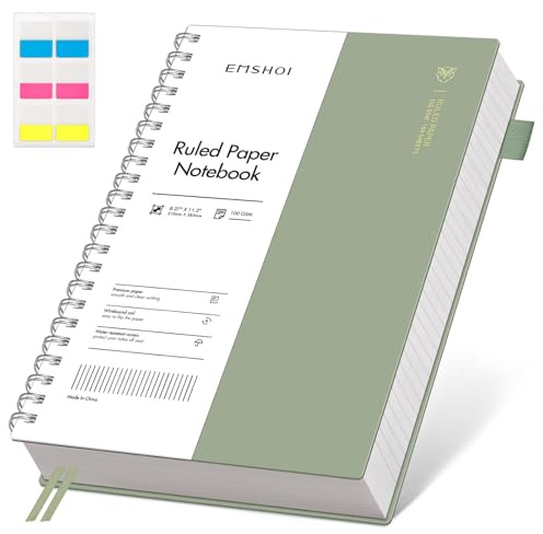 EMSHOI A4 Notebook Lined, Spiral Journal, 300 Pages, PVC Cover, Sage Green | 100GSM Paper, Flexible Plastic Cover, Notepad with Sticky Notes, Pocket, Pen Loop, Bookmark Ruler for Writing, 21 x 28.5cm