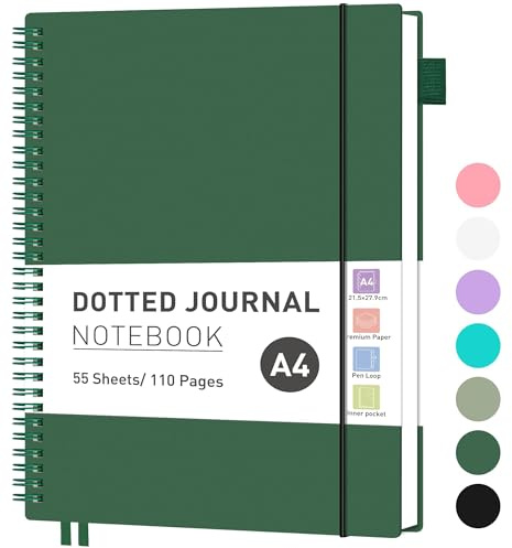 RETTACY Anteckningsbok A4 prickig, bullet journal, lätt collegeblock, 55 ark/110 sidor att skriva, 100 gsm, PVC-bok, för kvinnor och män arbete kontor, 21,5 x 27,9 cm – mörkgrön
