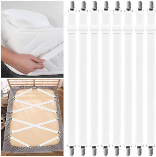 Farerkass 8 Piezas Sujetadores de Sábanas Ajustables, (Rango de Extrusión 35-130cm), Pinzas de Sábanas con Clips de Metal para Sábana Bajera Fundas de Colchón Sofá, Tablas de Planchar
