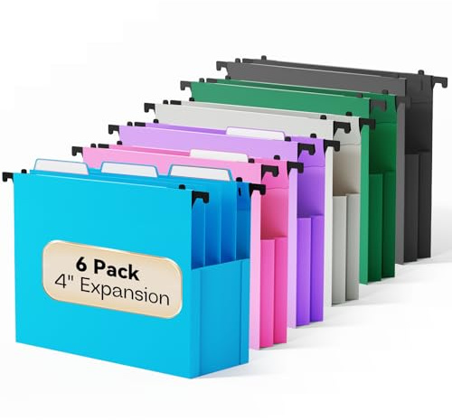 NORDUN Plastic Extra Capacity Hanging File Folders,6 Pack Heavy Duty 4 Expanding Pocket with Movable Dividers,Large Hanging Folders,Letter Size Filing Cabinet,Adjustable Tabs,for Bulky Files,Colorful
