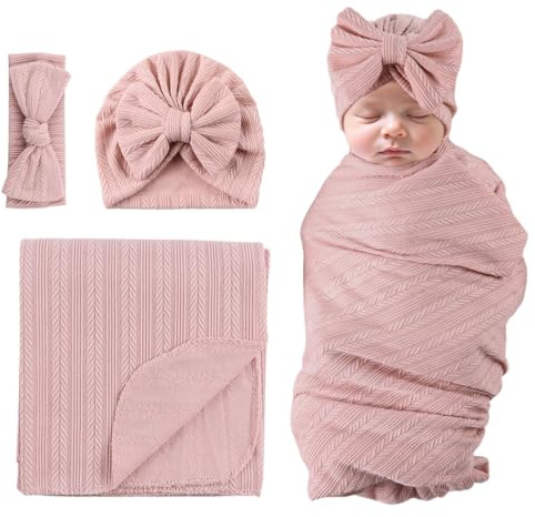 MniJiza Emmaillotage Bébé Nouveau Né Fille Couverture Emmaillotage avec Chapeau Bandeau Sac de Couchage Bébé Naissance (Vieux Rose)