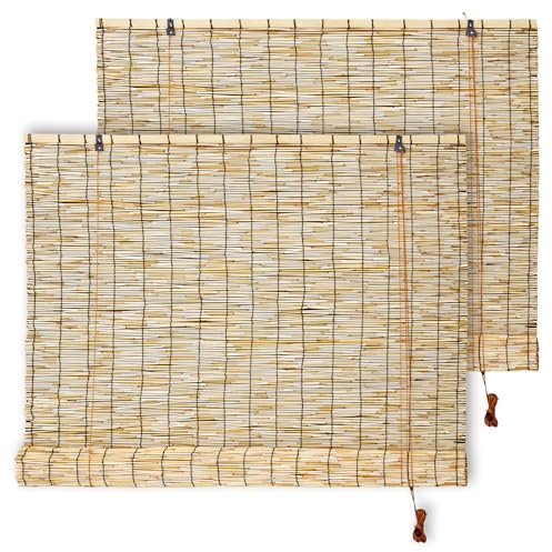SHYDZYYC Reed Roller Shades,2 Pcs 48 W x 72 H Waterproof Privacy Screen Bamboo Outdoor Blind, Reed Curtain for Porch, Patio, Yard, Windows (Natural)