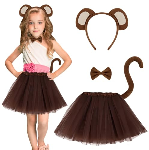 AOOWU Monkey Costume Set for Kids, 4PCS Animal Costume Set Tutu Skirt with Monkey Headband, Long Tail, Bow Tie, Monkey Animal Fancy Dress Costume for Halloween Theme Party Cosplay
