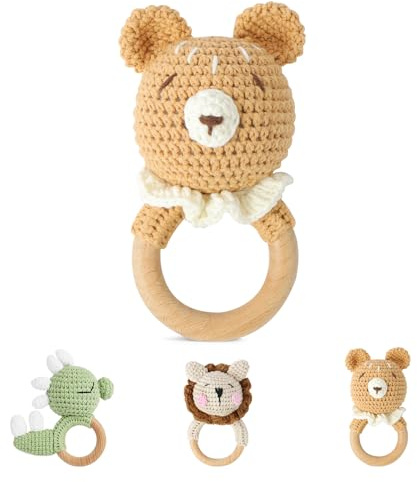 Vicloon Hochet Bebe en Bois D'Animal, Hochet Au Crochet pour Bébé, Joli Hochets en Tissu avec Anneau en Bois, Jouet de Préhension Mignon, Cadeau pour Enfant Nouveau-né, Ours