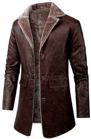 Men's Faux Leather Trench Coat Long Sherpa Lined Fur Lapel Button Down Mens Fur Coat Sheepskin Style Jacket (Brown,Small)