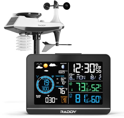 Raddy UV-6 Stazione Meteo Professionale con Display VA da 6 e Sensore Esterno, Termometro Igrometro Wireless Interno Esterno, Orologio Atomico, Indice UV e Luce, Anemometro, Pluviometro