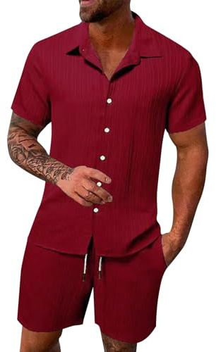 Ensemble 2 pièces Homme Chic Lin Mélangé Chemise Col Mao et Short Été Décontracté Respirant Tenue de Vacances Plage Style Masculin Classique A103