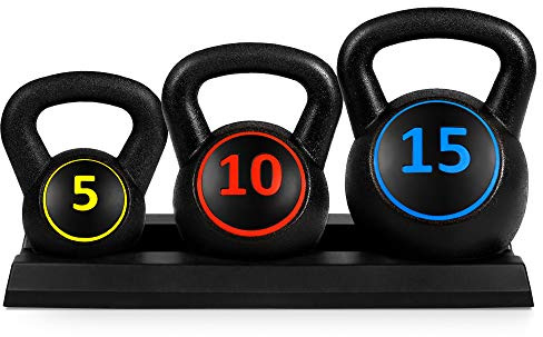 Best Choice Products 3-Piece Kettlebell Set with Storage Rack, HDPE Coated Exercise Fitness Concrete Weights for Home Gym, Strength Training, HIIT Workout 5lb, 10lb, 15lb
