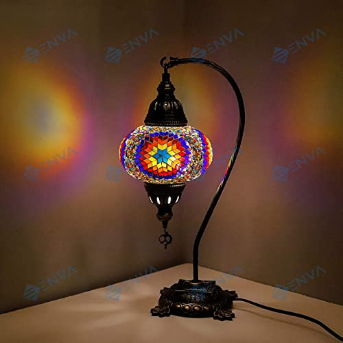 ENVA (20 variationer) turkisk marockansk mosaiklampa ljus – turkisk lampa – handgjord mosaik svan hals bord skrivbord sänglampa – gratis LED-lampa (3018)