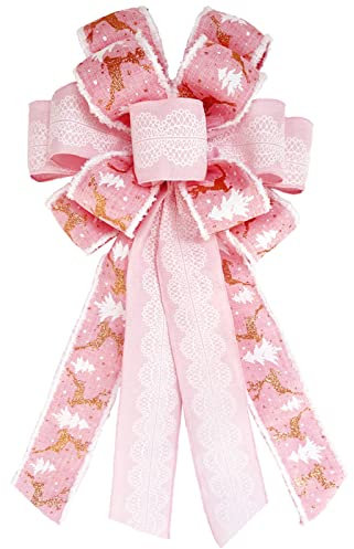 SONGTIY Weihnachtsbaumspitzen-Schleifen, handgefertigte Schleife mit Weihnachtsbaum und Rentier, 54 x 28 cm, große Weihnachtsdekoration für Hochzeit, Geburtstag, Neujahr, Party (Rosa)