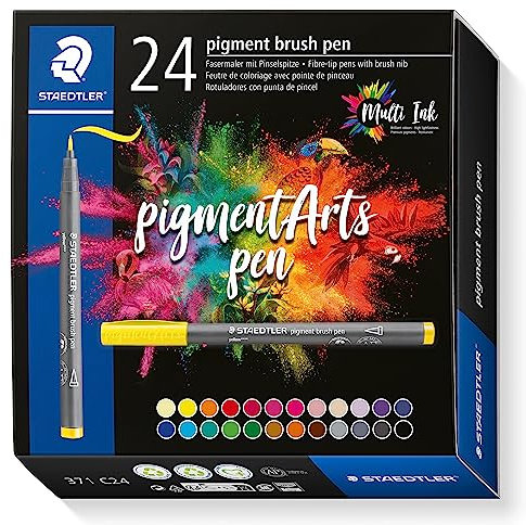 STAEDTLER brush pen pigment Arts, Premium-Zeichentusche, Pinselspitze für variable Linienbreite, wasserfest, schnelltrocknend, 24 brush pens in sortierten Farben im Kartonetui, 371 C24
