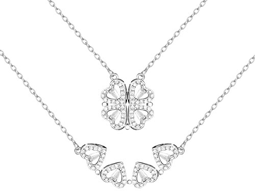Dochais Magnetische Herzkette, Kette Vierblättriges Kleeblatt, Herzkette Edelstahl Damen, Zirkonia Glückskette Damen Kette für Frauen Mädchen Silber