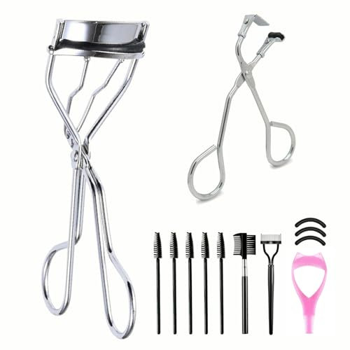13 Pcs 7 in 1 Eyelash Curler Kit, Lash Curler with 3 Silicone Refill Pads, Partial Curler, Eyelash Brush, Eyelash Comb, 5 Disposable Brushes, and Assist Clip, Portable Makeup Tool for All Eye Shapes