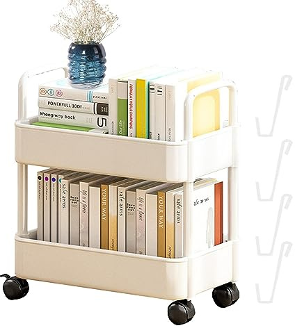 Biset À 2 Niveaux sur Roulettes, Chariot Organisateur Polyvalent Cuisine, Rangement Utilitaire avec 4 Crochets