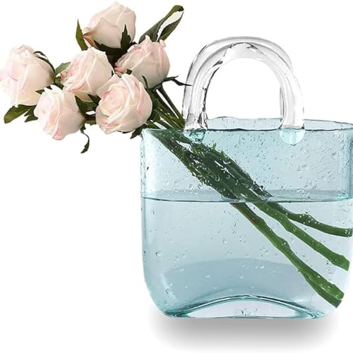 Hamhsin Bag Glass Vases for Decor Creative Bubble Handbag Flower Vase Desktop Glass Basket Vase Mini Crystal Fish Tank for Table Centerpieces, Kitchen, Office Living Room (blue)