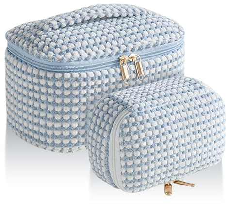 Kytpyi Bolsa de Maquillaje, Neceser Mujer, 2 Piezas Moda Viaje Pana Suave con Compartimentos para Cosmético, Maquillaje Luz Portátil Viajar Fecha Fiesta Compra (Punto Azul)