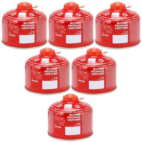 6 Pack 230g Butane-Propane Screw On Gas Canisters Gas Cartridge for Camping Stoves, Heaters & Lanterns | High Performance Propane-Butane Mix with Resealable Valve Cartridges | EN417 Gas Cartridge