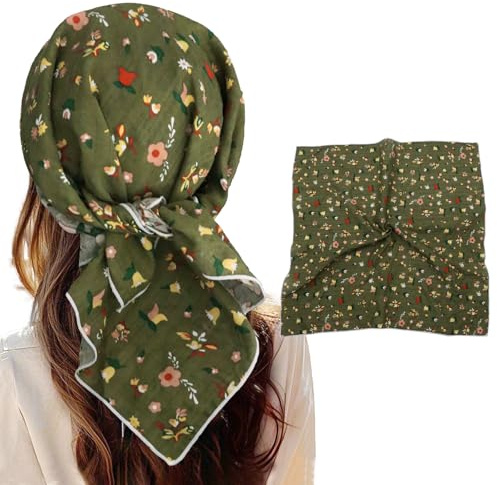 GHTIYLP Cotton Bandanas for Women Men 21x21 Floral Headband Scarf Versatile Hair Bandana Square Head Scarf (Olive Green Floral)