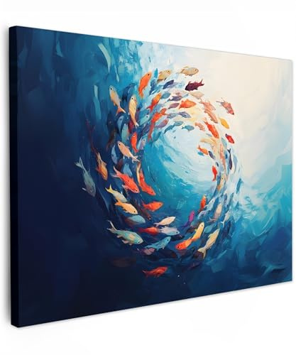 MuchoWow© Leinwand Bilder 80x60 cm Wanddeko Wohnzimmer Aesthetic Room Decor Deko Zimmer Wandbilder Modern Bild auf Leinwand Meer - Fische - Farbenfroh - Dynamisch