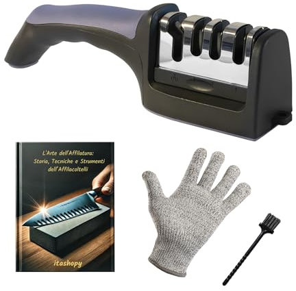 ITASHOPY-Affilacoltelli Professionale 4 in 1 per Coltelli e Forbici da Cucina – Affila con 4 Fasi in Acciaio e Ceramica – Base Antiscivolo – Guanto, Spazzolino e E-book Inclusi