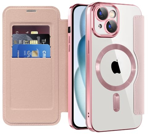 QIWEIQING Magnetiskt fodral för iPhone 15, kompatibelt med MagSafe, vikbart plånboksfodral i PU-läder med RFID-blockerande kreditkortshållare, transparent fodral för iPhone 15. Roséguld JDC