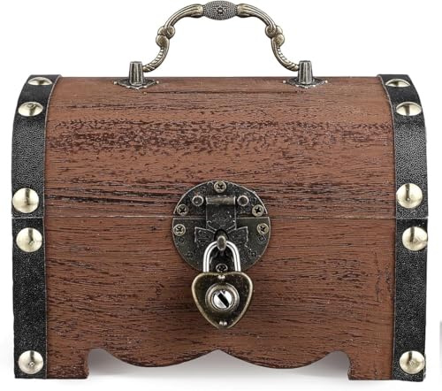 PAIKIUU Treasure Chest with Lock 14.5 * 10 * 9.5cm Vintage Wooden Mini Treasure Chest Small Storage Box Kids for Jewellery Gift Birthday Wedding Home Decor