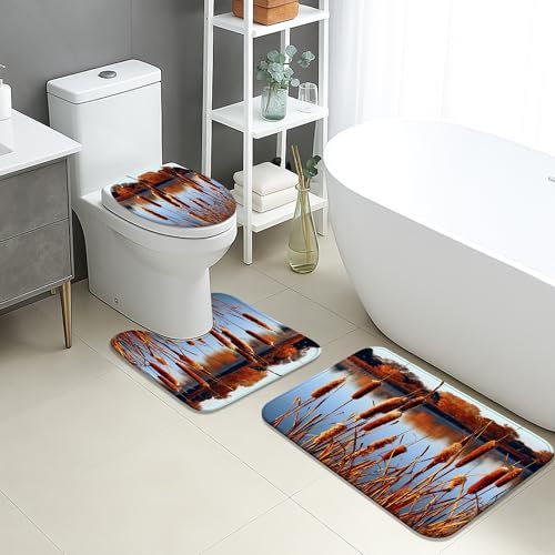 Autumn Bathroom Mat Sets 3 Piece, Rustic Brown Reeds and Water Absorbent Non Slip Toilet Rugs U Shaped Washable, Seasonal Landscape Quick Dry Memory Foam Bathroom Rug Set