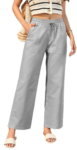 Enmain Pantalon Lin Femme Fluide été Pantalon Taille Élastique Décontracté Léger Ample avec Poches pour Vacances Plage ou Balade Gris XL