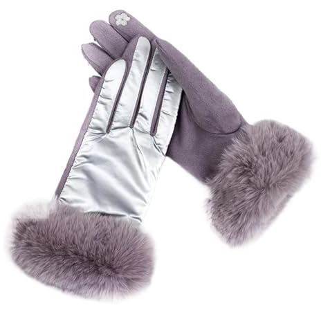 PPQIRU Läderhandskar för damer vinter varm mocka läderhandske kvinnlig fuskpäls plus sammet tjocka körhandskar, SILVER, en storlek