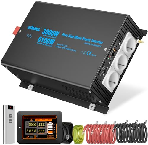 GIANDEL 3000W Wechselrichter 12V auf 230V Reiner Sinus Wechselrichter 6100W Spitzenleistung Spannungswandler Power Inverter mit LCD-Fernbedienung, Einstellbarer Eingangsspannung für Haushaltsgeräten